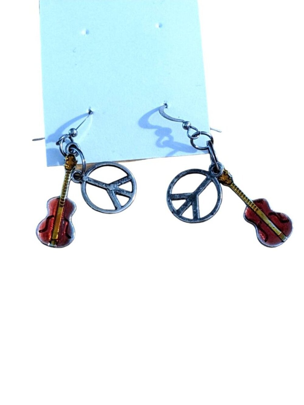 Vintage Silver Tone Metal Peace Sign and Red Guitar Dangle Earrings Hippie Boho